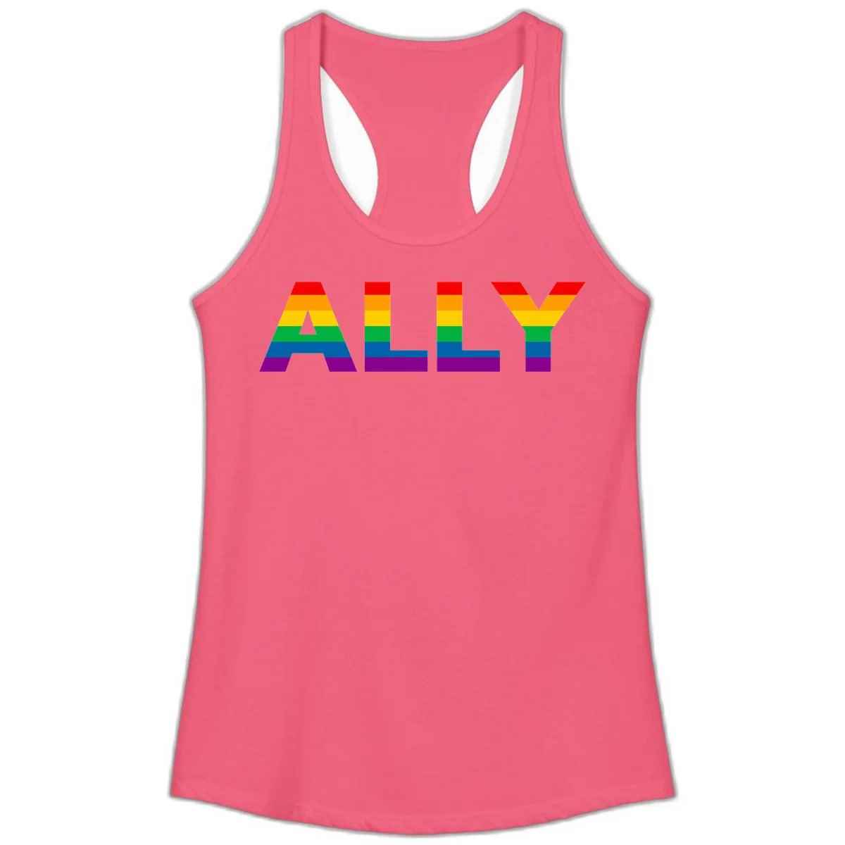 Rainbow-colored letters spelling ALLY with pride flag horizontal stripes in red, orange, yellow, green, blue, and purple in Hot Pink