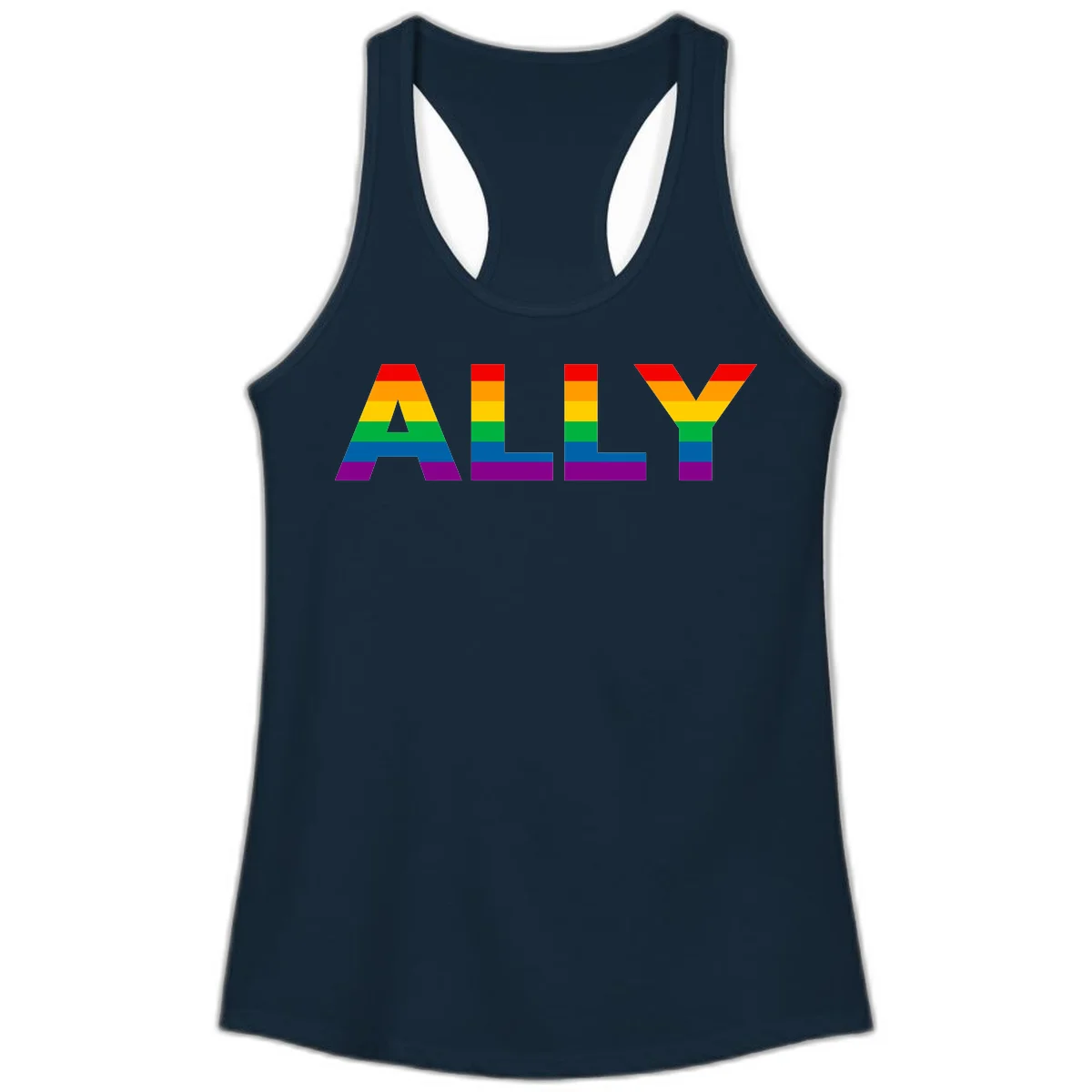 Rainbow-colored letters spelling ALLY with pride flag horizontal stripes in red, orange, yellow, green, blue, and purple in Solid Midnight Navy