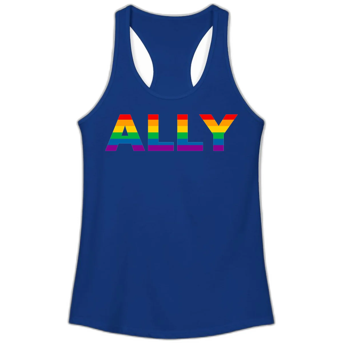 Rainbow-colored letters spelling ALLY with pride flag horizontal stripes in red, orange, yellow, green, blue, and purple in Solid Royal