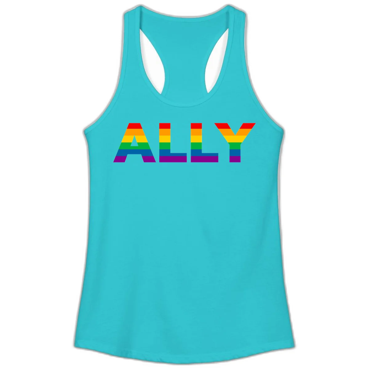 Rainbow-colored letters spelling ALLY with pride flag horizontal stripes in red, orange, yellow, green, blue, and purple in Solid Tahiti Blue
