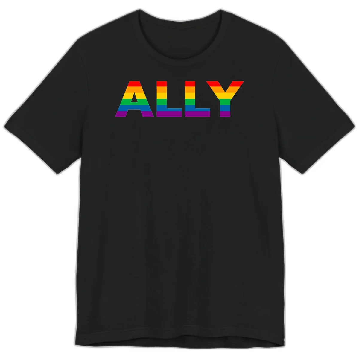 Rainbow-colored letters spelling ALLY with pride flag horizontal stripes in red, orange, yellow, green, blue, and purple in Black