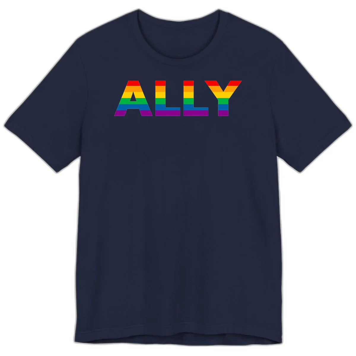 Rainbow-colored letters spelling ALLY with pride flag horizontal stripes in red, orange, yellow, green, blue, and purple in Navy