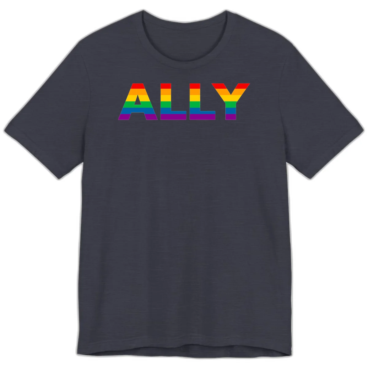 Rainbow-colored letters spelling ALLY with pride flag horizontal stripes in red, orange, yellow, green, blue, and purple in Heather Midnight Navy