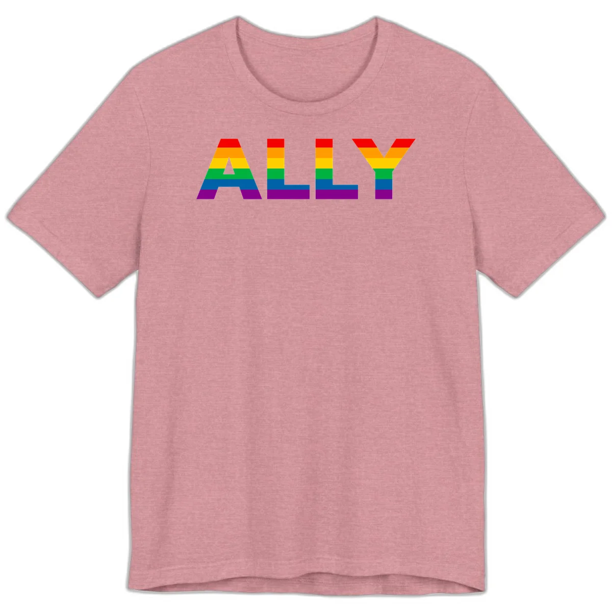 Rainbow-colored letters spelling ALLY with pride flag horizontal stripes in red, orange, yellow, green, blue, and purple in Heather Orchid