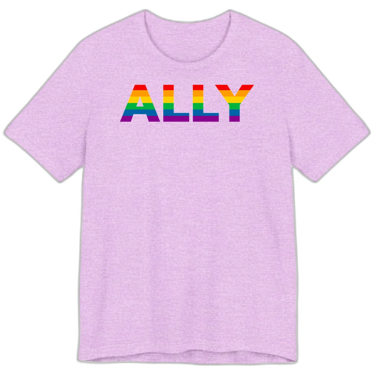 Rainbow-colored letters spelling ALLY with pride flag horizontal stripes in red, orange, yellow, green, blue, and purple in Heather Prism Lilac