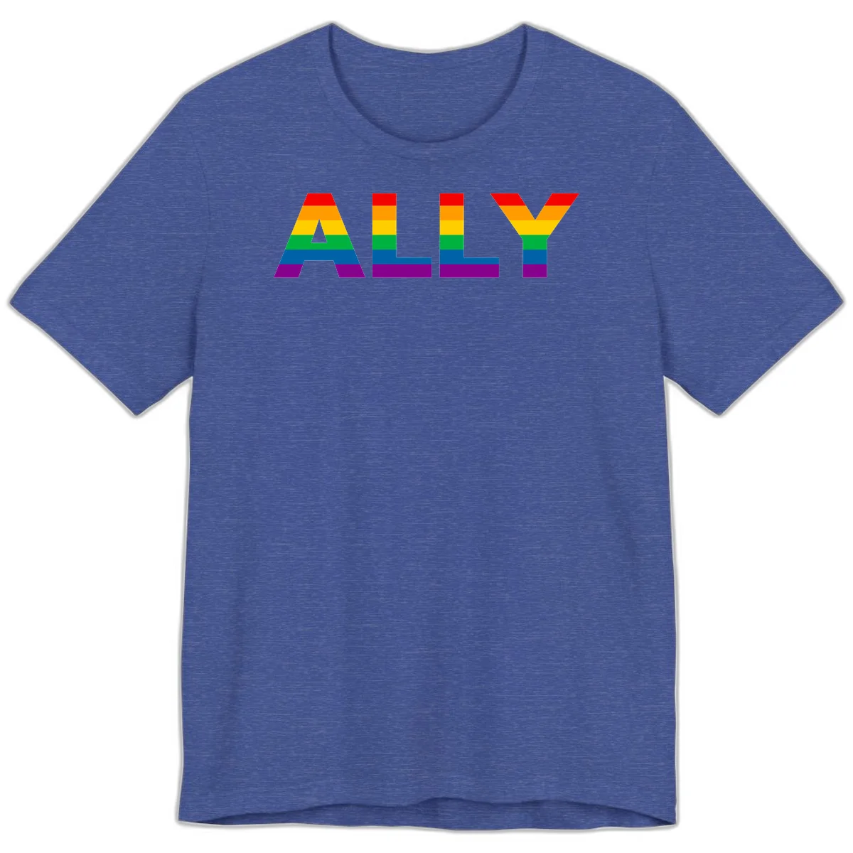 Rainbow-colored letters spelling ALLY with pride flag horizontal stripes in red, orange, yellow, green, blue, and purple in Heather True Royal