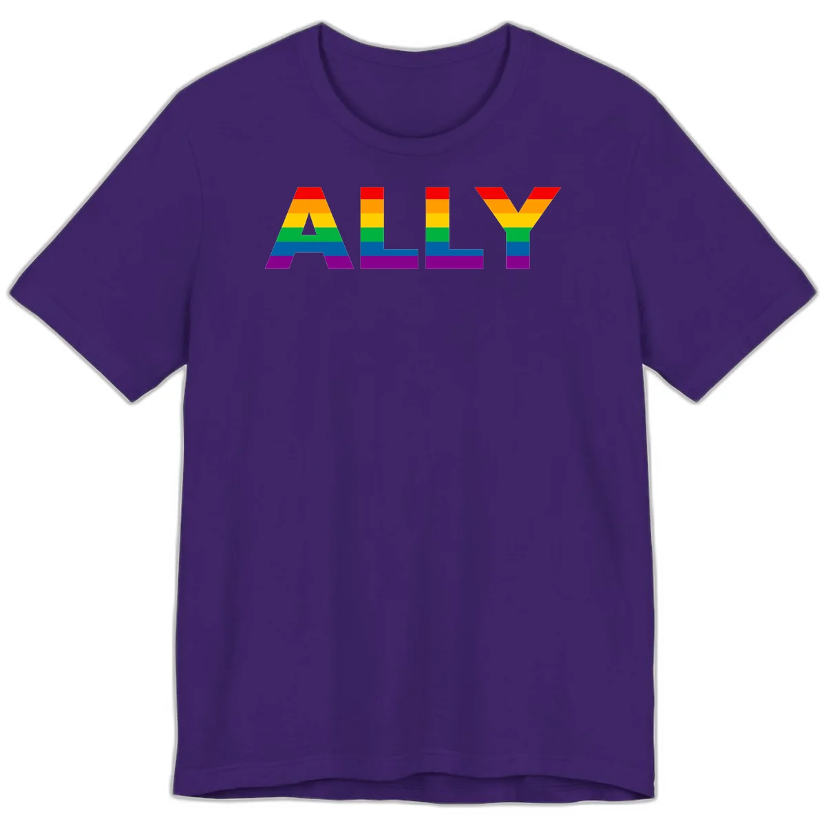 Rainbow-colored letters spelling ALLY with pride flag horizontal stripes in red, orange, yellow, green, blue, and purple in Team Purple