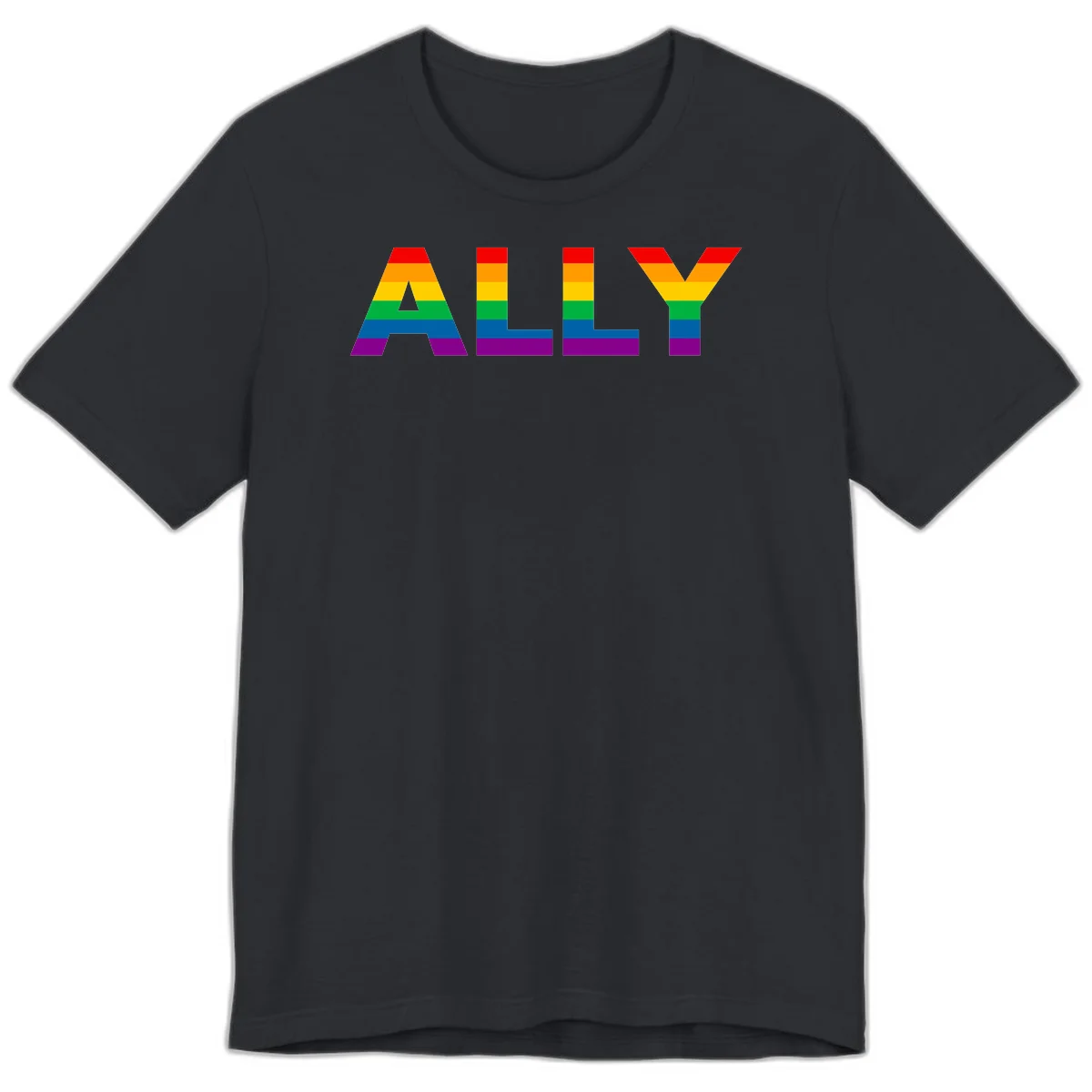 Rainbow-colored letters spelling ALLY with pride flag horizontal stripes in red, orange, yellow, green, blue, and purple in Vintage Black