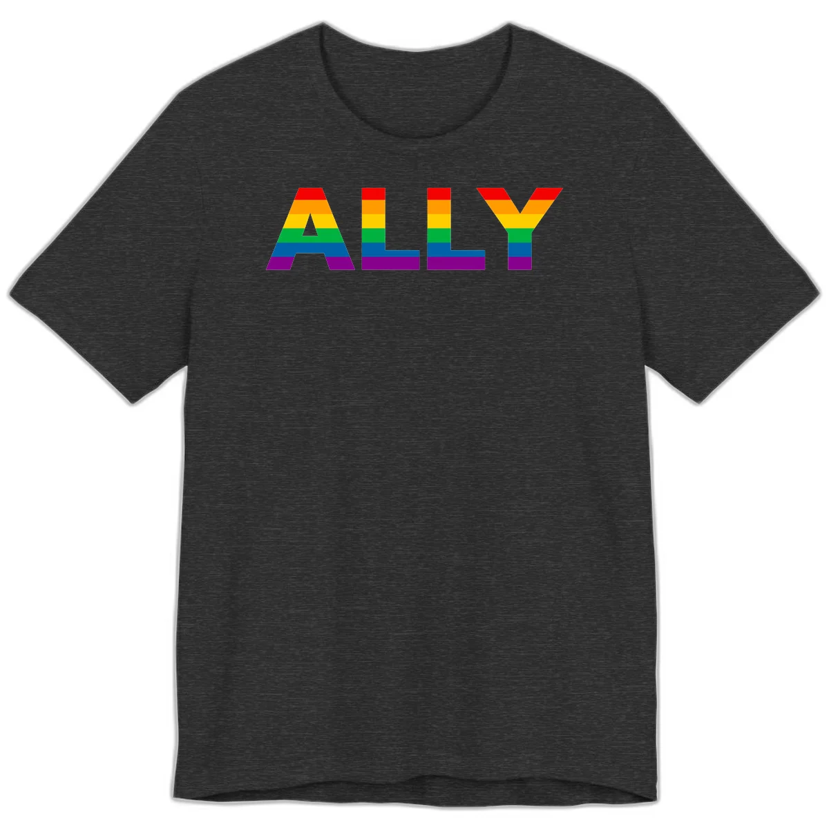 Rainbow-colored letters spelling ALLY with pride flag horizontal stripes in red, orange, yellow, green, blue, and purple in Dark Grey Heather