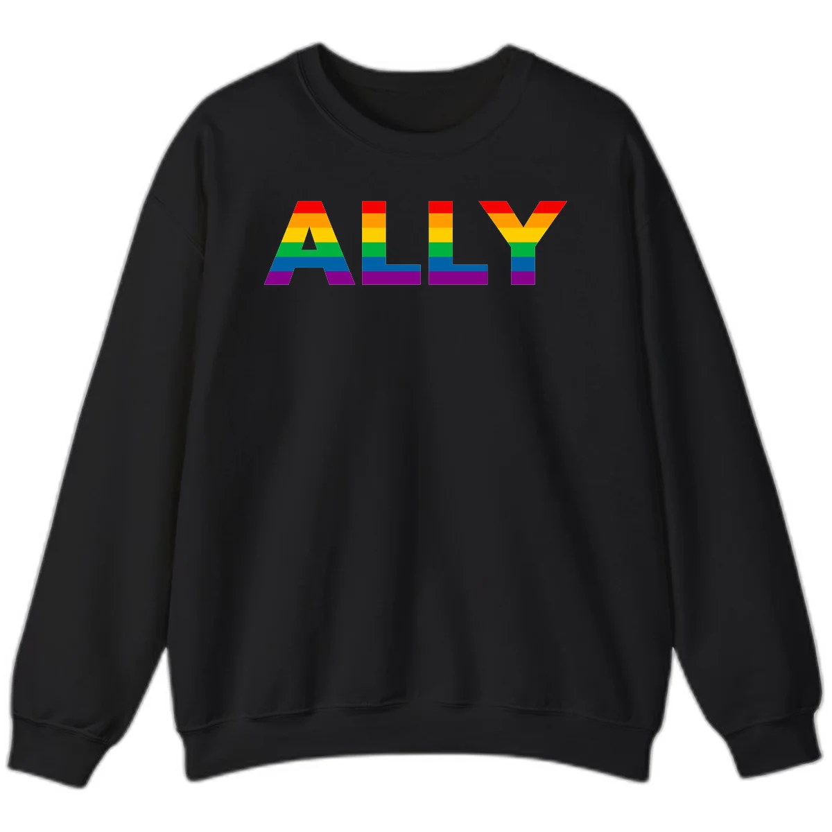 Rainbow-colored letters spelling ALLY with pride flag horizontal stripes in red, orange, yellow, green, blue, and purple in Black