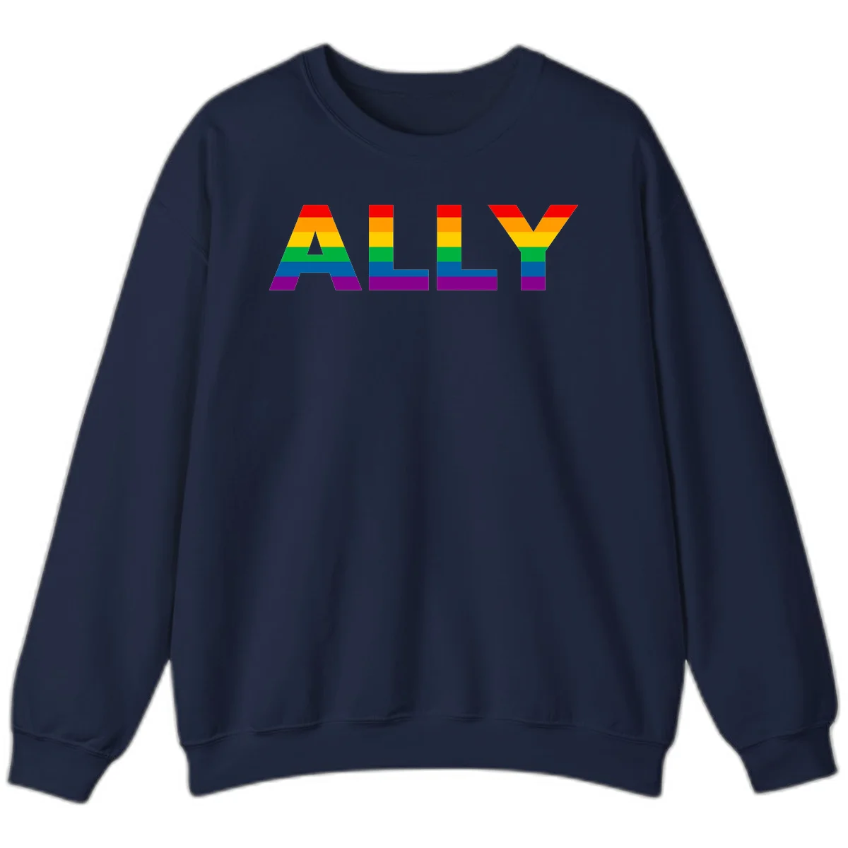 Rainbow-colored letters spelling ALLY with pride flag horizontal stripes in red, orange, yellow, green, blue, and purple in Navy