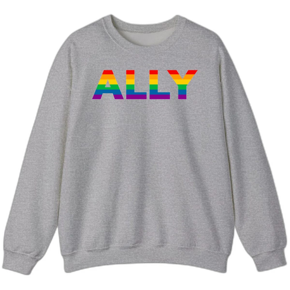 Rainbow-colored letters spelling ALLY with pride flag horizontal stripes in red, orange, yellow, green, blue, and purple in Sport Grey
