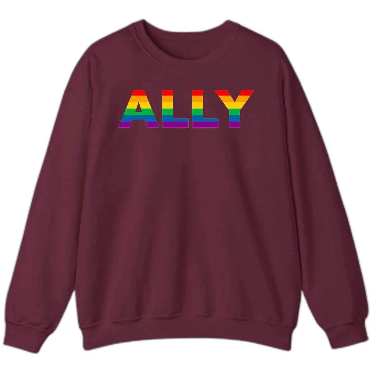 Rainbow-colored letters spelling ALLY with pride flag horizontal stripes in red, orange, yellow, green, blue, and purple in Maroon