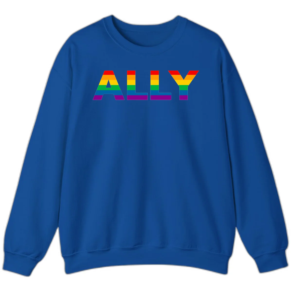 Rainbow-colored letters spelling ALLY with pride flag horizontal stripes in red, orange, yellow, green, blue, and purple in Royal
