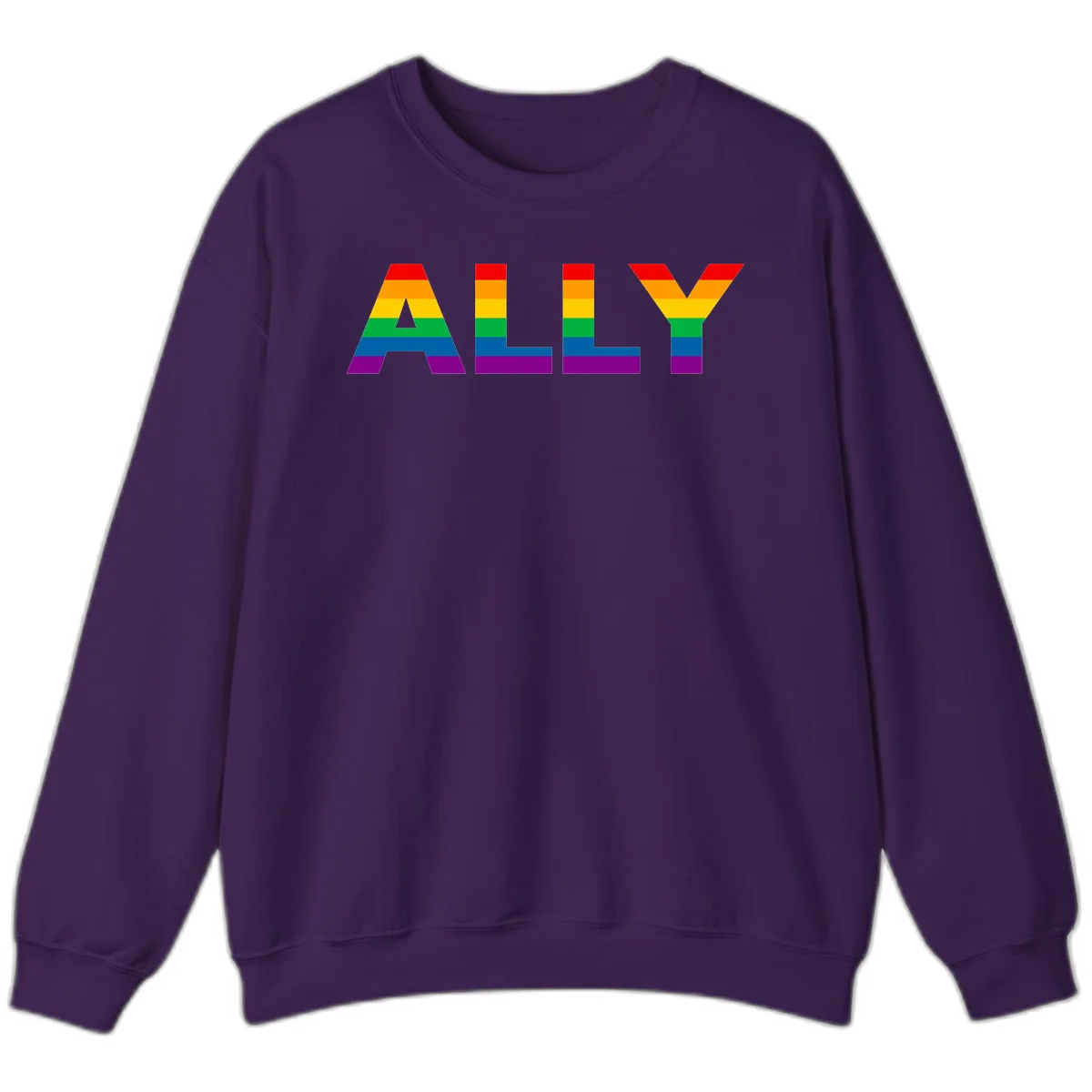 Rainbow-colored letters spelling ALLY with pride flag horizontal stripes in red, orange, yellow, green, blue, and purple in Purple