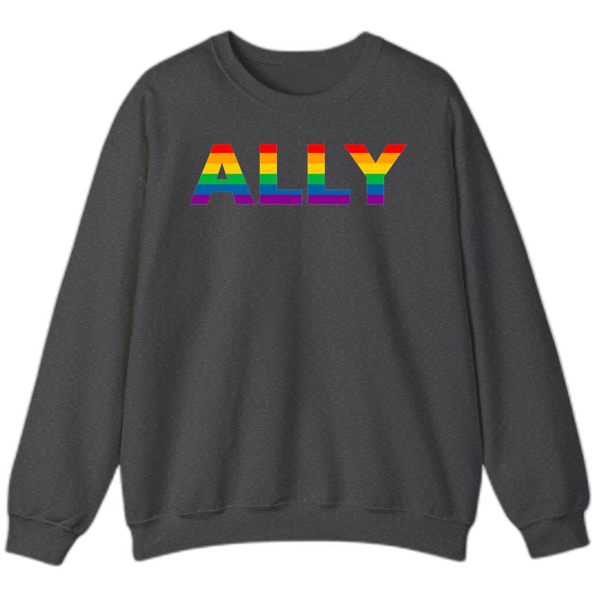Rainbow-colored letters spelling ALLY with pride flag horizontal stripes in red, orange, yellow, green, blue, and purple in Dark Heather