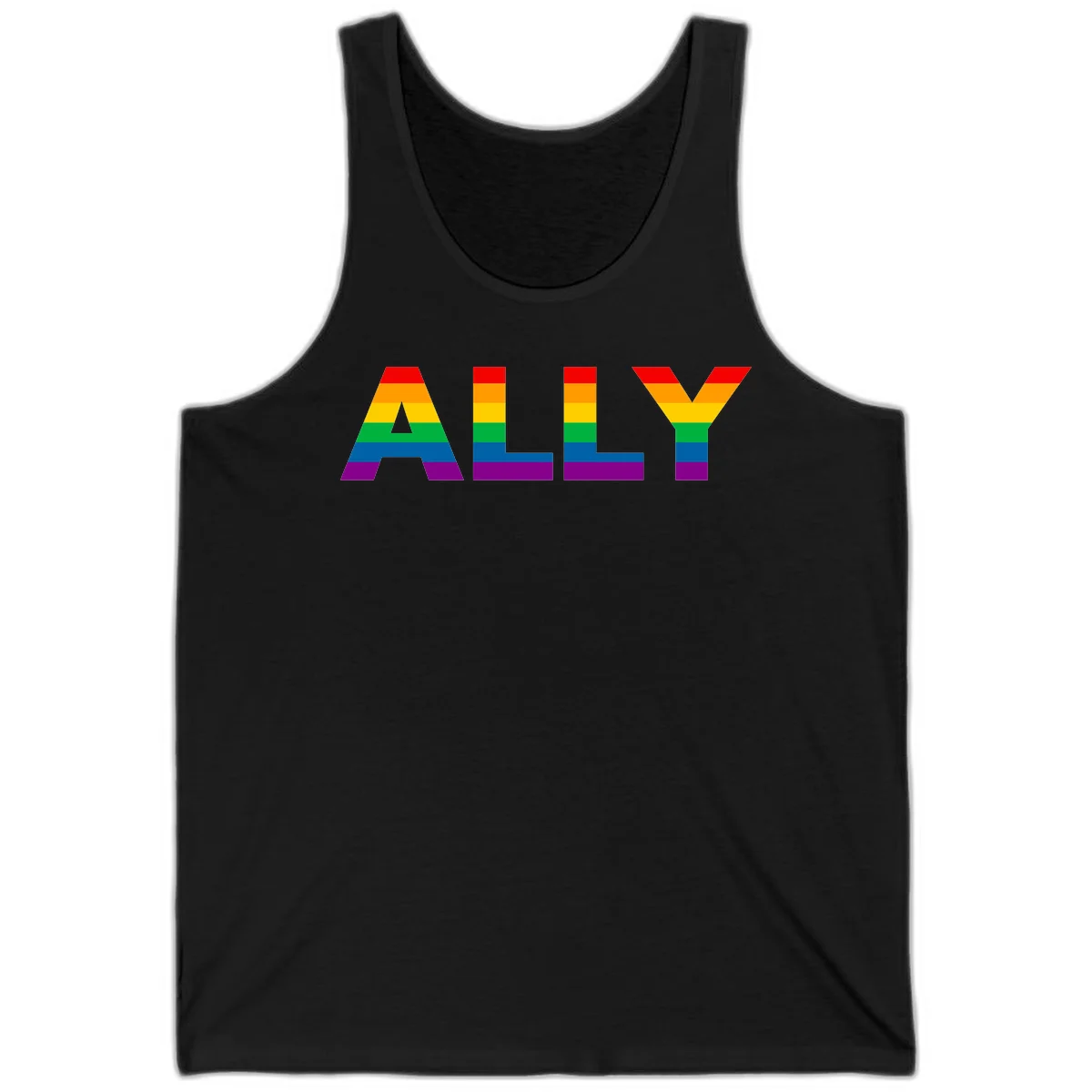 Rainbow-colored letters spelling ALLY with pride flag horizontal stripes in red, orange, yellow, green, blue, and purple in Black