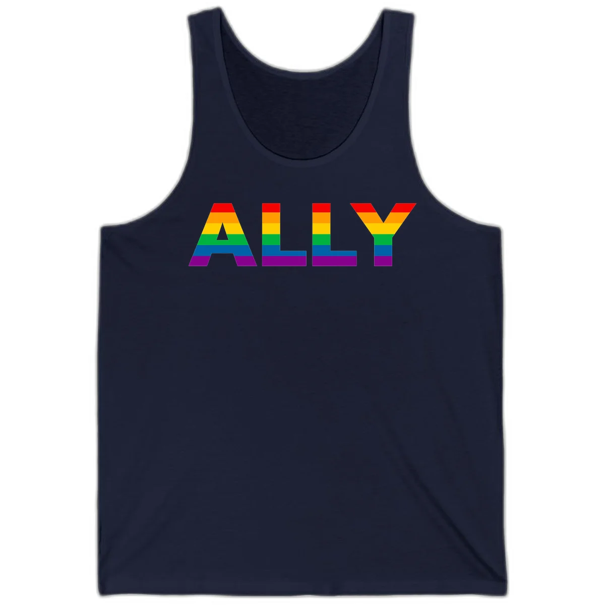 Rainbow-colored letters spelling ALLY with pride flag horizontal stripes in red, orange, yellow, green, blue, and purple in Navy