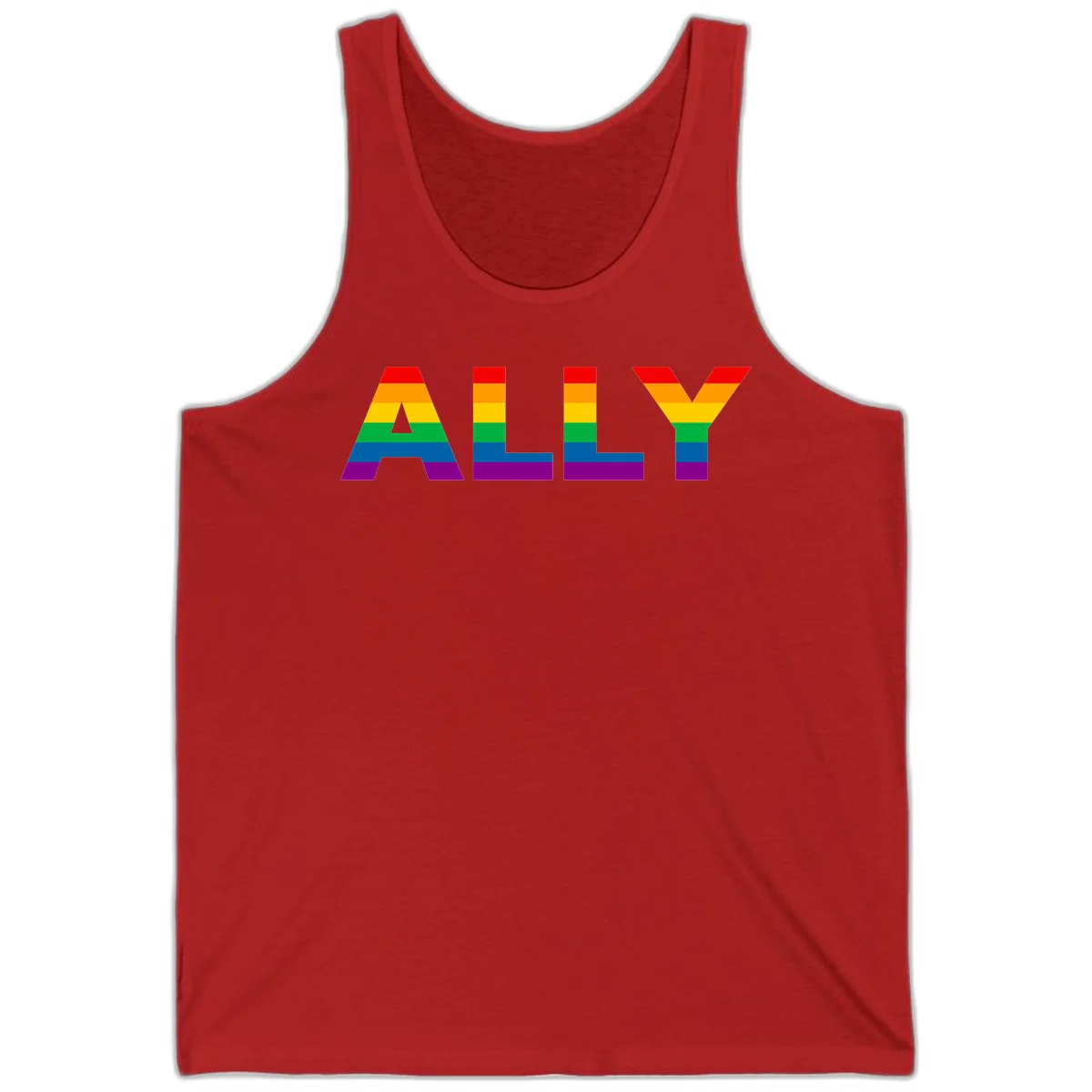 Rainbow-colored letters spelling ALLY with pride flag horizontal stripes in red, orange, yellow, green, blue, and purple in Red