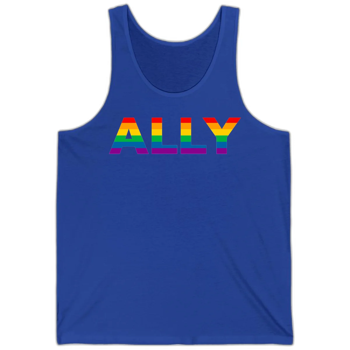Rainbow-colored letters spelling ALLY with pride flag horizontal stripes in red, orange, yellow, green, blue, and purple in True Royal