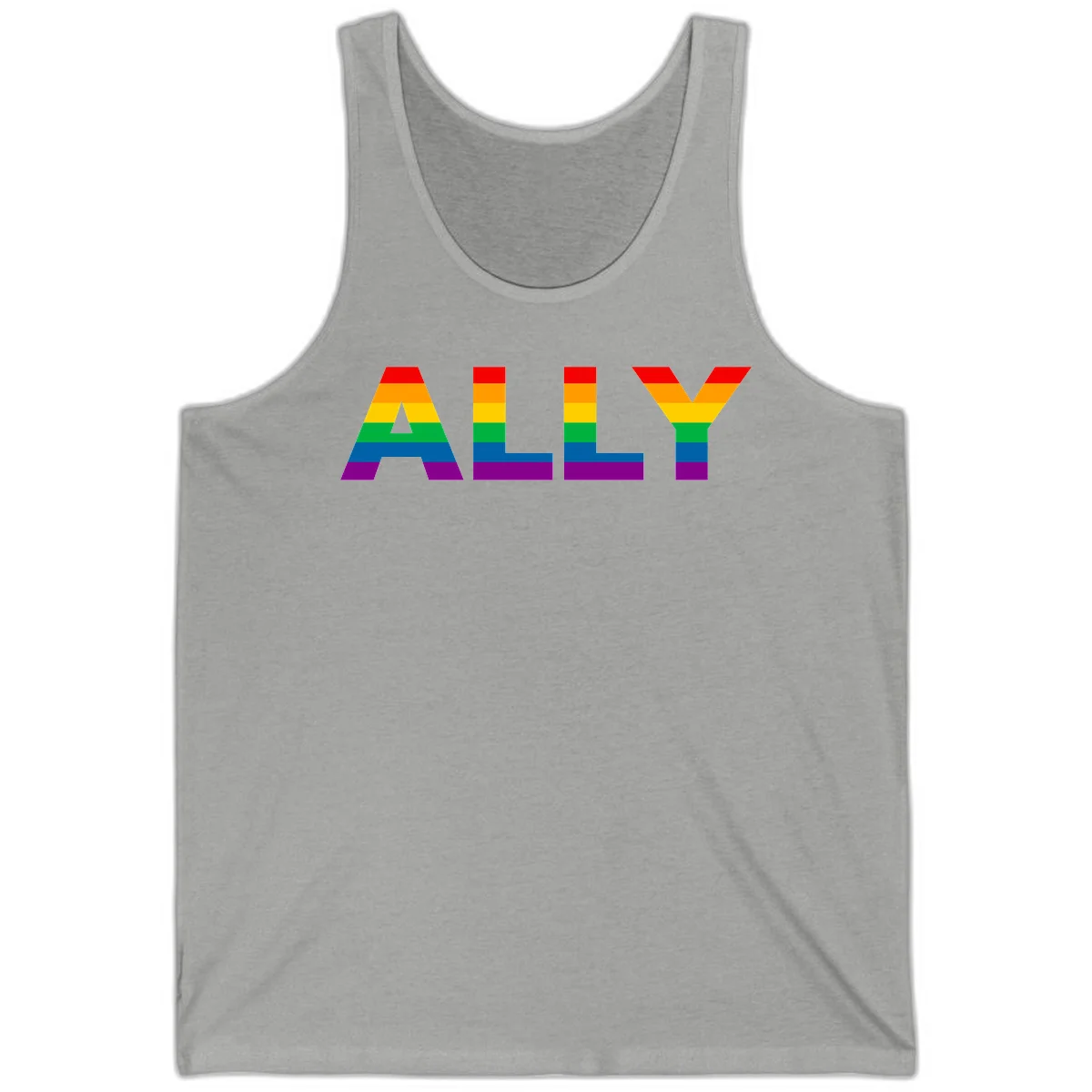 Rainbow-colored letters spelling ALLY with pride flag horizontal stripes in red, orange, yellow, green, blue, and purple in Athletic Heather