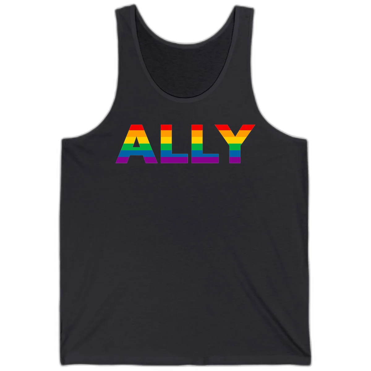 Rainbow-colored letters spelling ALLY with pride flag horizontal stripes in red, orange, yellow, green, blue, and purple in Dark Grey