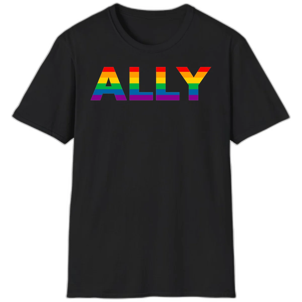 Rainbow-colored letters spelling ALLY with pride flag horizontal stripes in red, orange, yellow, green, blue, and purple in Black
