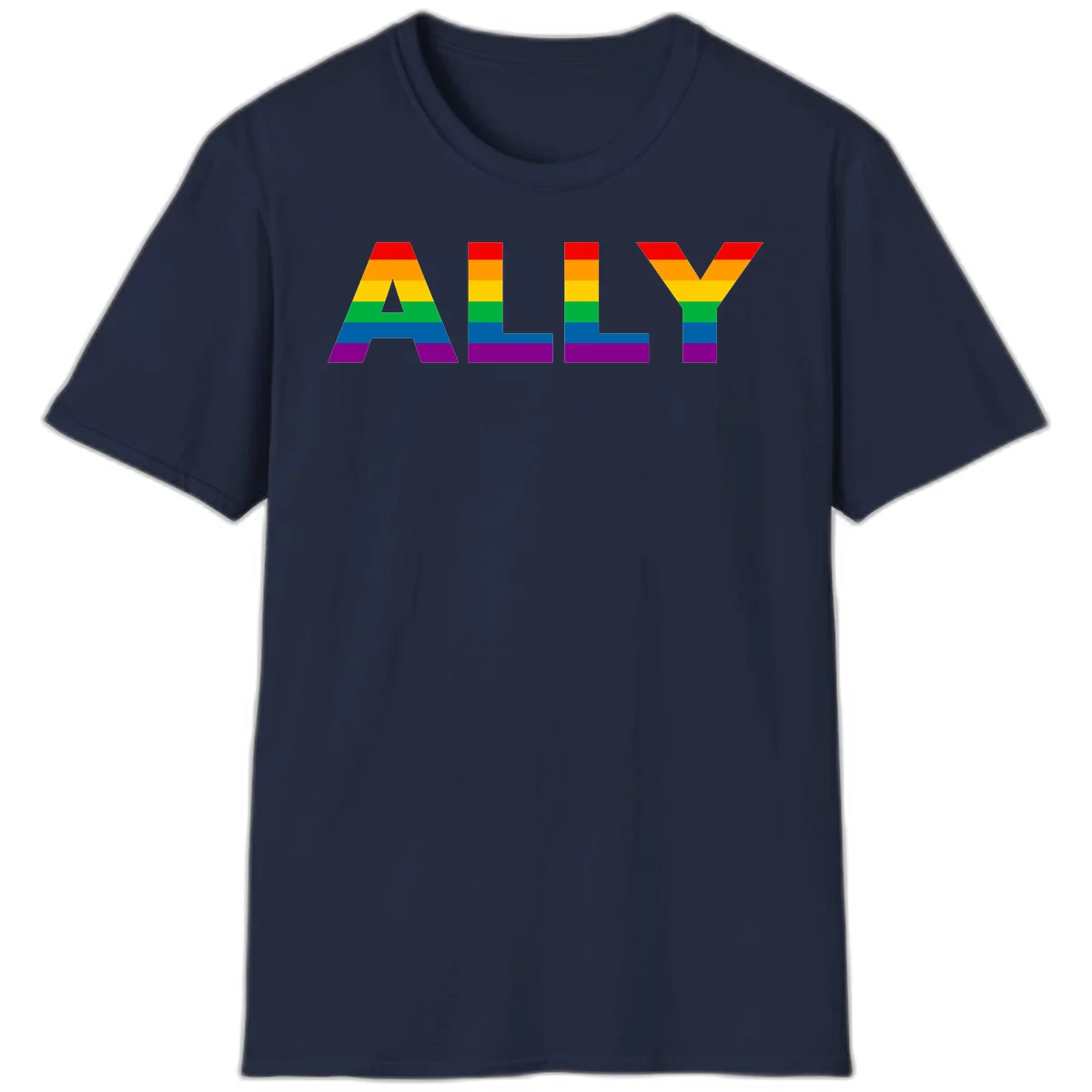 Rainbow-colored letters spelling ALLY with pride flag horizontal stripes in red, orange, yellow, green, blue, and purple in Navy