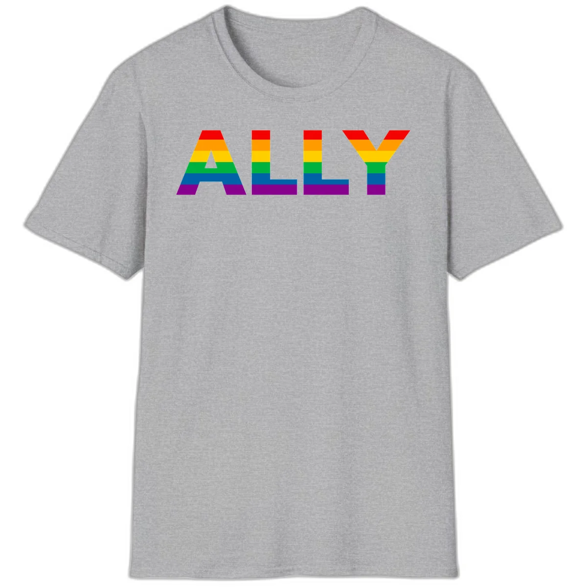Rainbow-colored letters spelling ALLY with pride flag horizontal stripes in red, orange, yellow, green, blue, and purple in Sport Grey