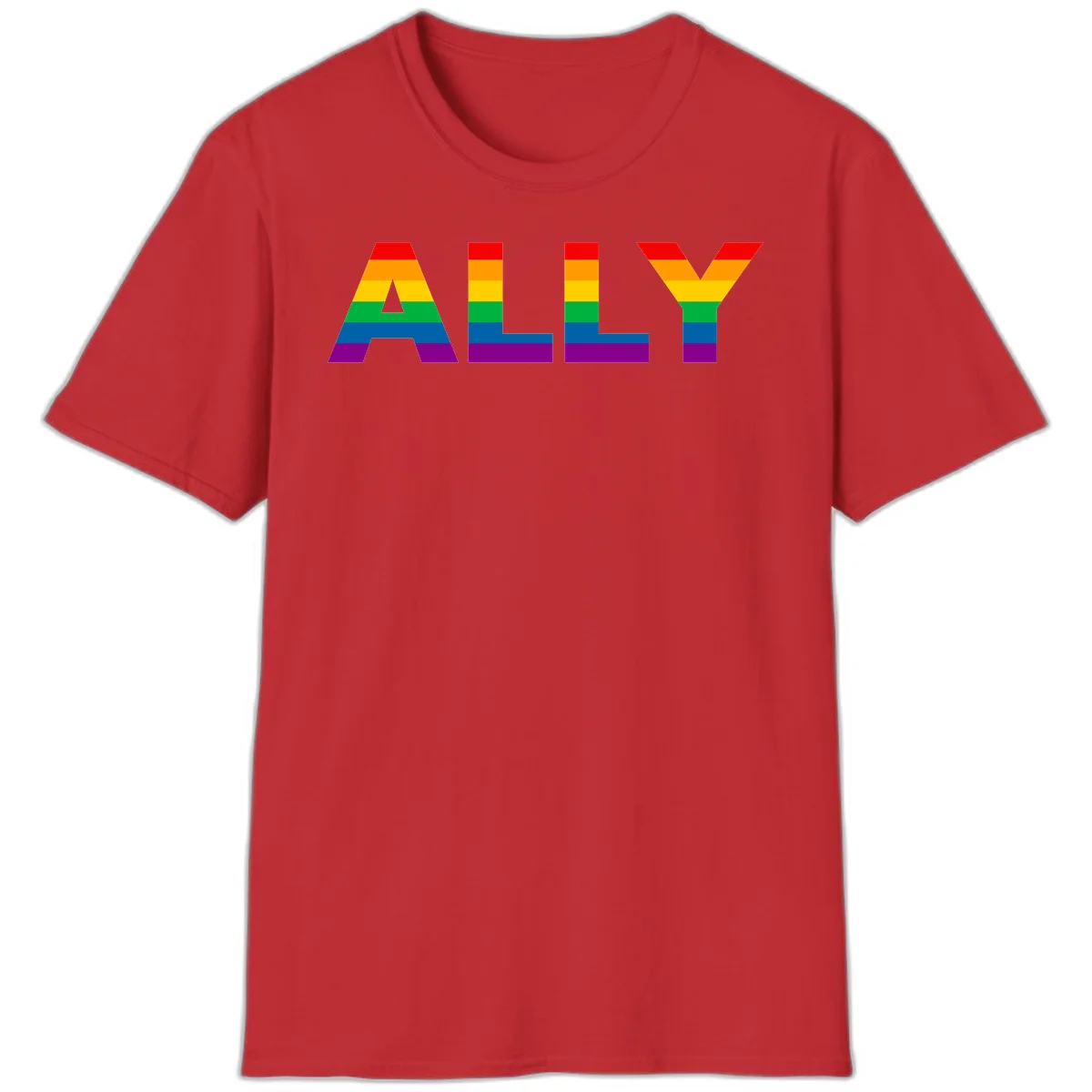 Rainbow-colored letters spelling ALLY with pride flag horizontal stripes in red, orange, yellow, green, blue, and purple in Red