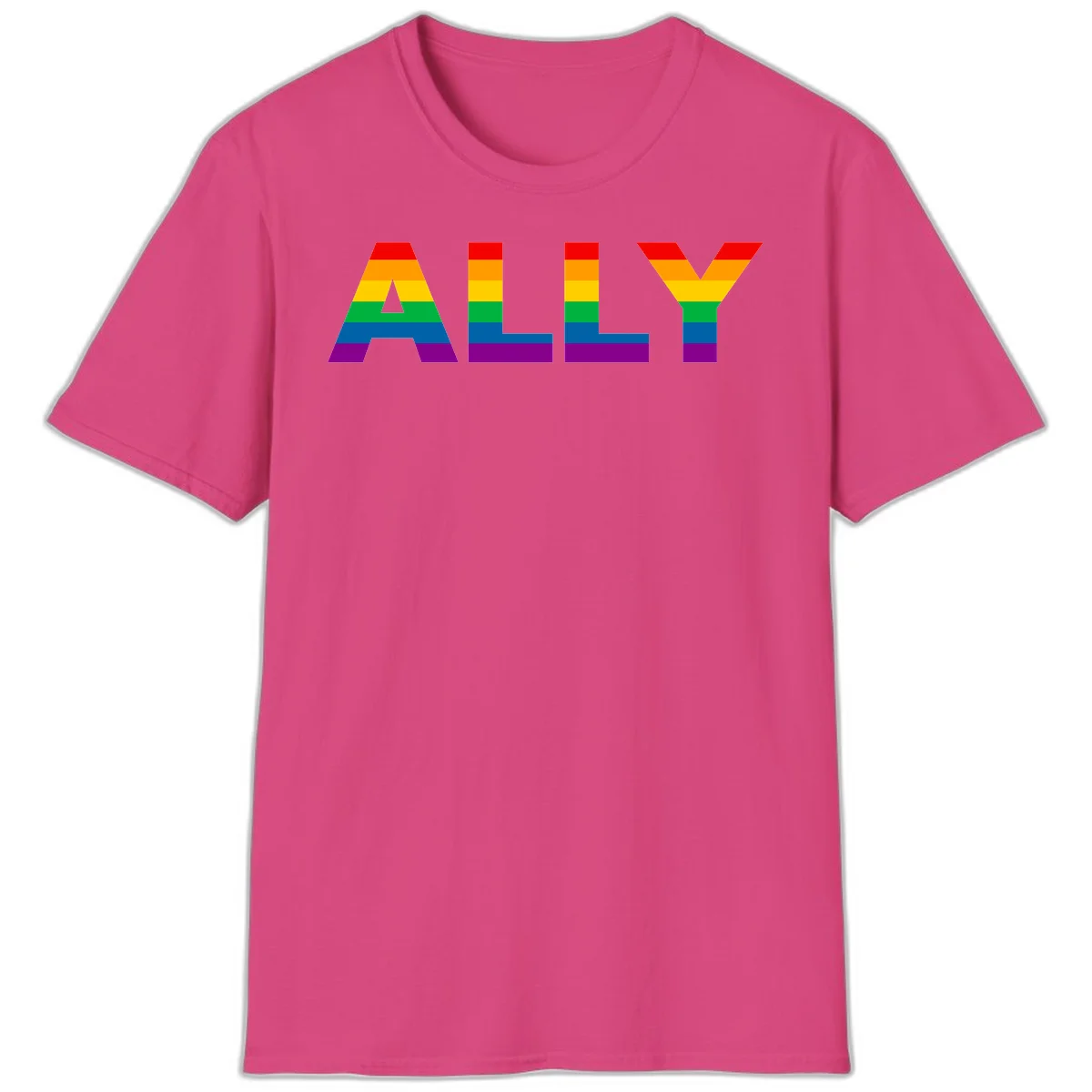 Rainbow-colored letters spelling ALLY with pride flag horizontal stripes in red, orange, yellow, green, blue, and purple in Heliconia