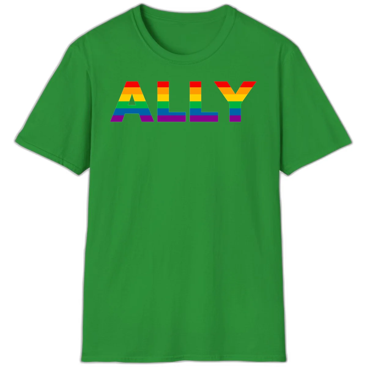 Rainbow-colored letters spelling ALLY with pride flag horizontal stripes in red, orange, yellow, green, blue, and purple in Irish Green