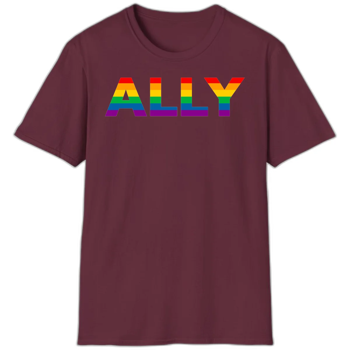 Rainbow-colored letters spelling ALLY with pride flag horizontal stripes in red, orange, yellow, green, blue, and purple in Maroon