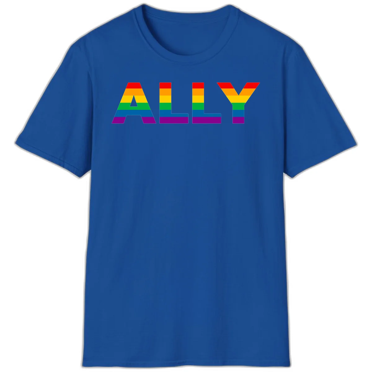 Rainbow-colored letters spelling ALLY with pride flag horizontal stripes in red, orange, yellow, green, blue, and purple in Royal