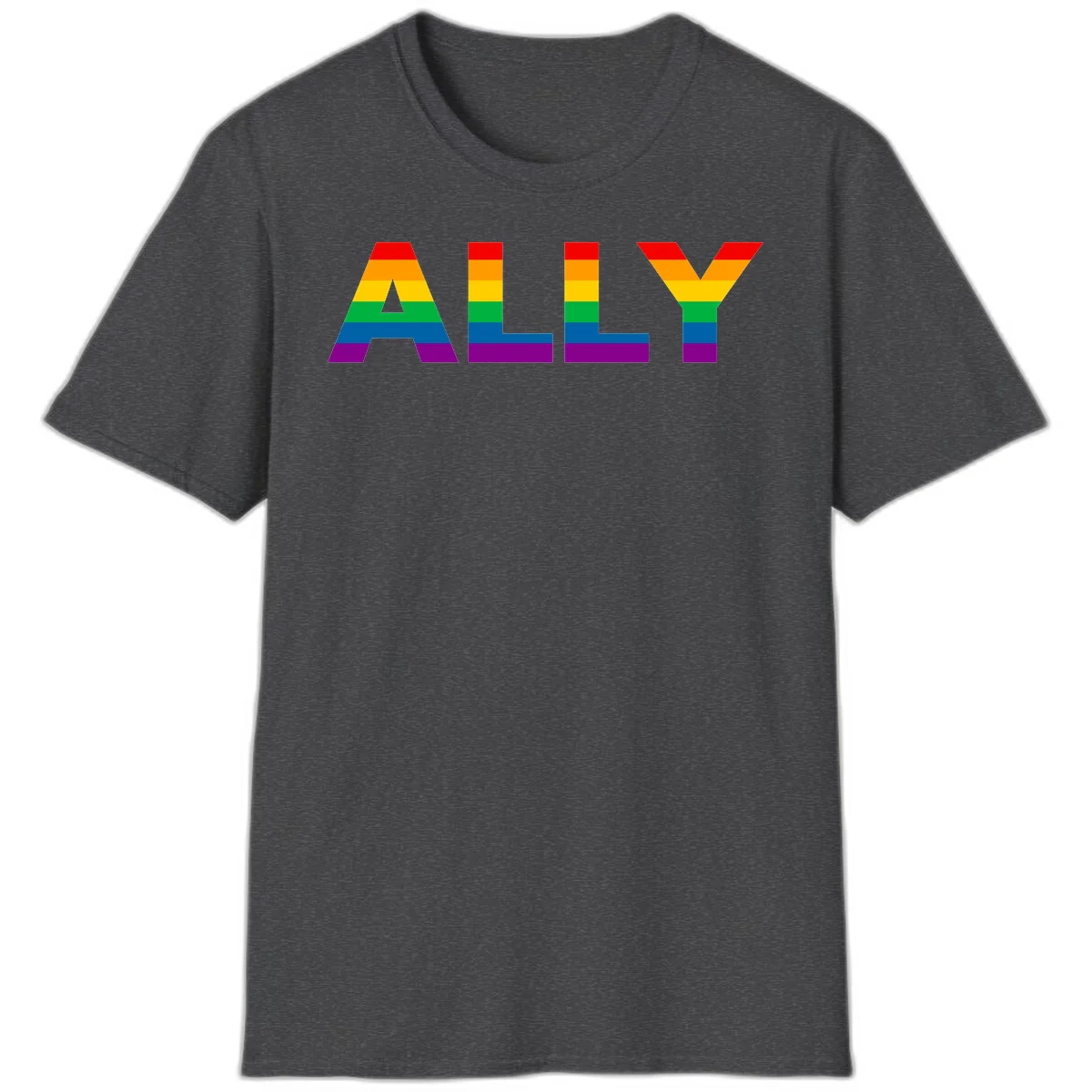 Rainbow-colored letters spelling ALLY with pride flag horizontal stripes in red, orange, yellow, green, blue, and purple in Dark Heather