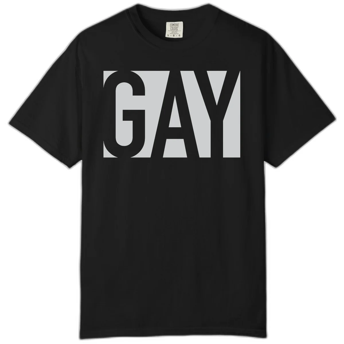 Bold gray and white typography design with the word 'GAY' in large, thick sans-serif letters on a light background in Black
