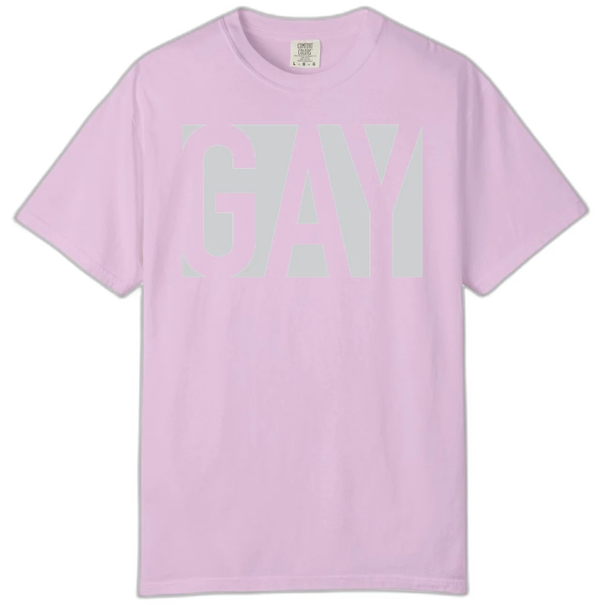 Bold gray and white typography design with the word 'GAY' in large, thick sans-serif letters on a light background in Orchid