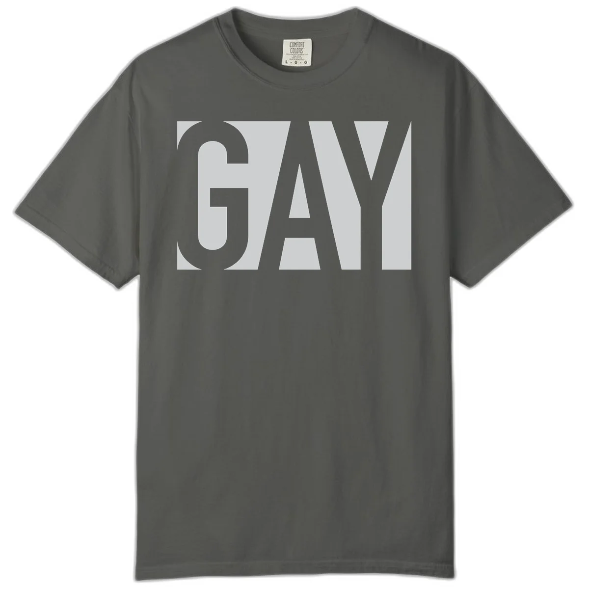 Bold gray and white typography design with the word 'GAY' in large, thick sans-serif letters on a light background in Pepper