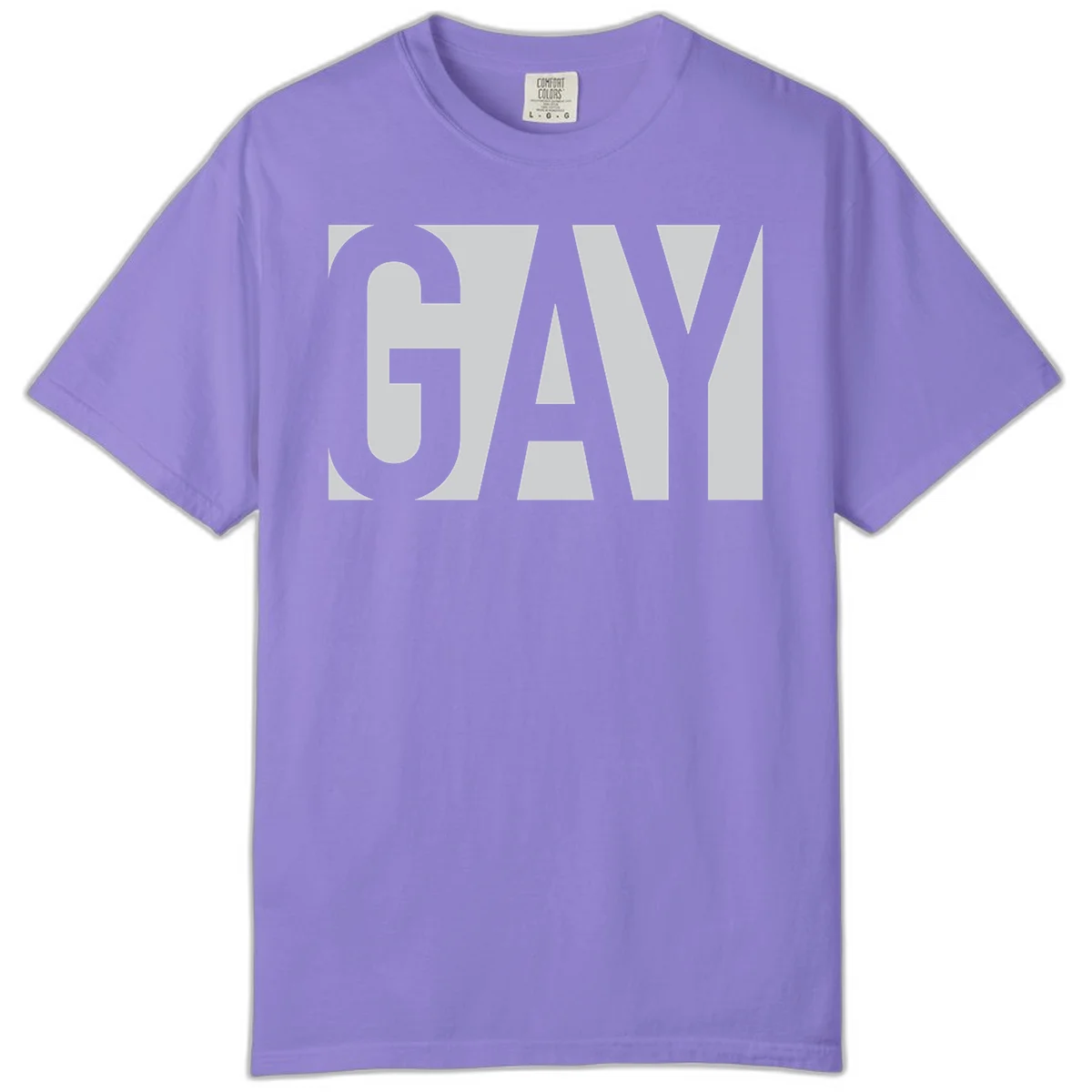 Bold gray and white typography design with the word 'GAY' in large, thick sans-serif letters on a light background in Violet