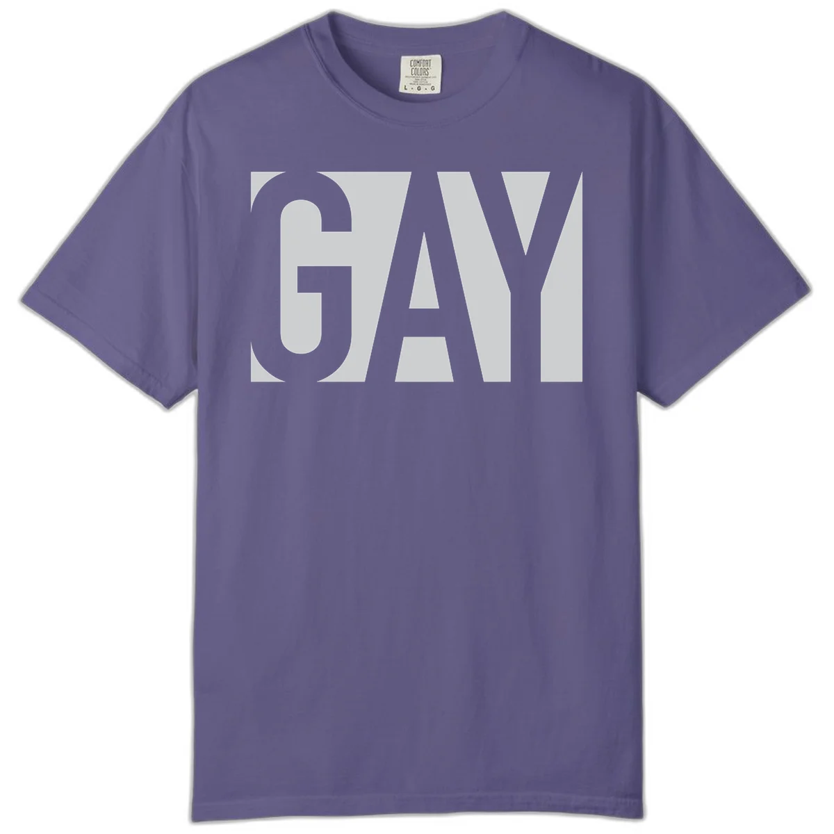 Bold gray and white typography design with the word 'GAY' in large, thick sans-serif letters on a light background in Grape