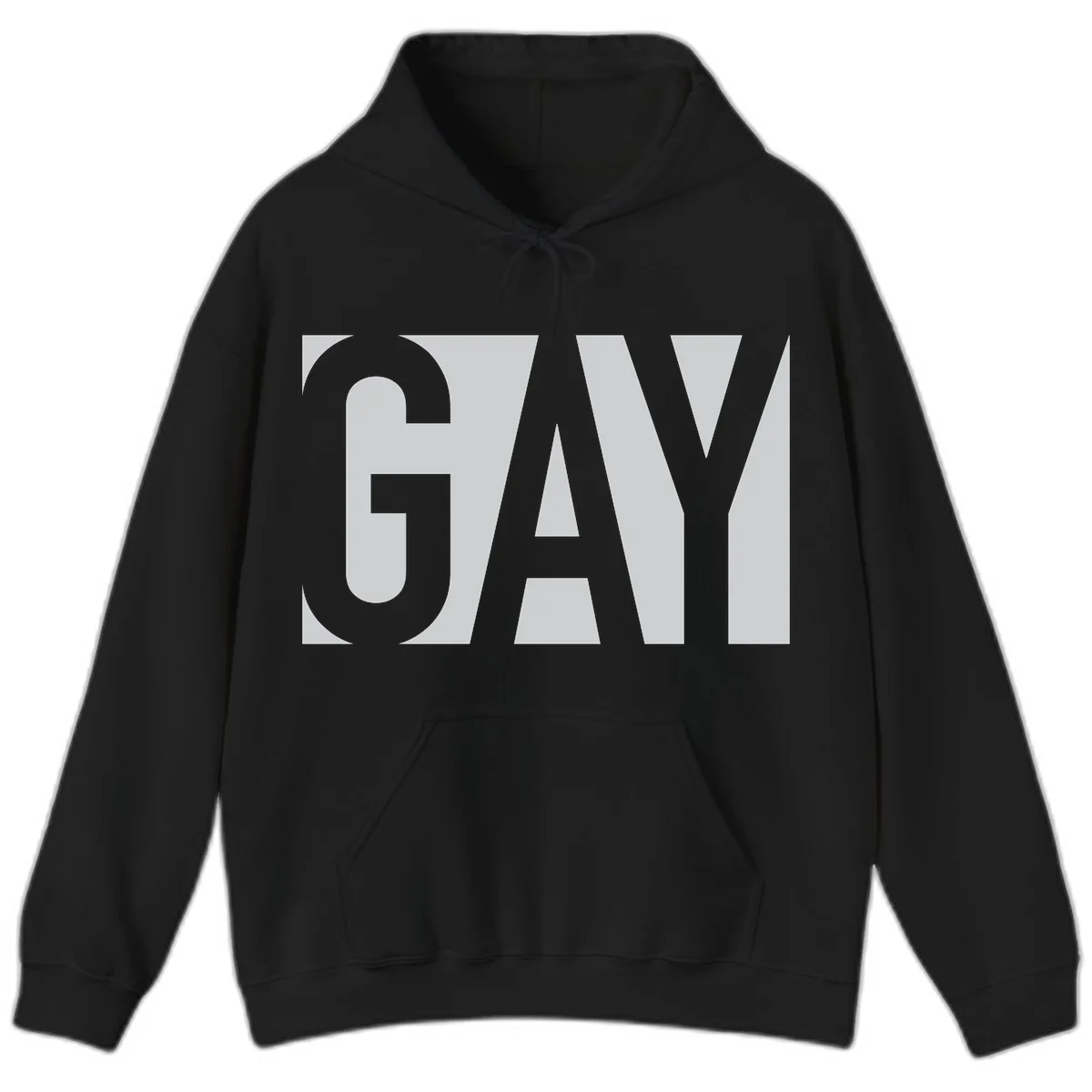 Bold gray and white typography design with the word 'GAY' in large, thick sans-serif letters on a light background in Black