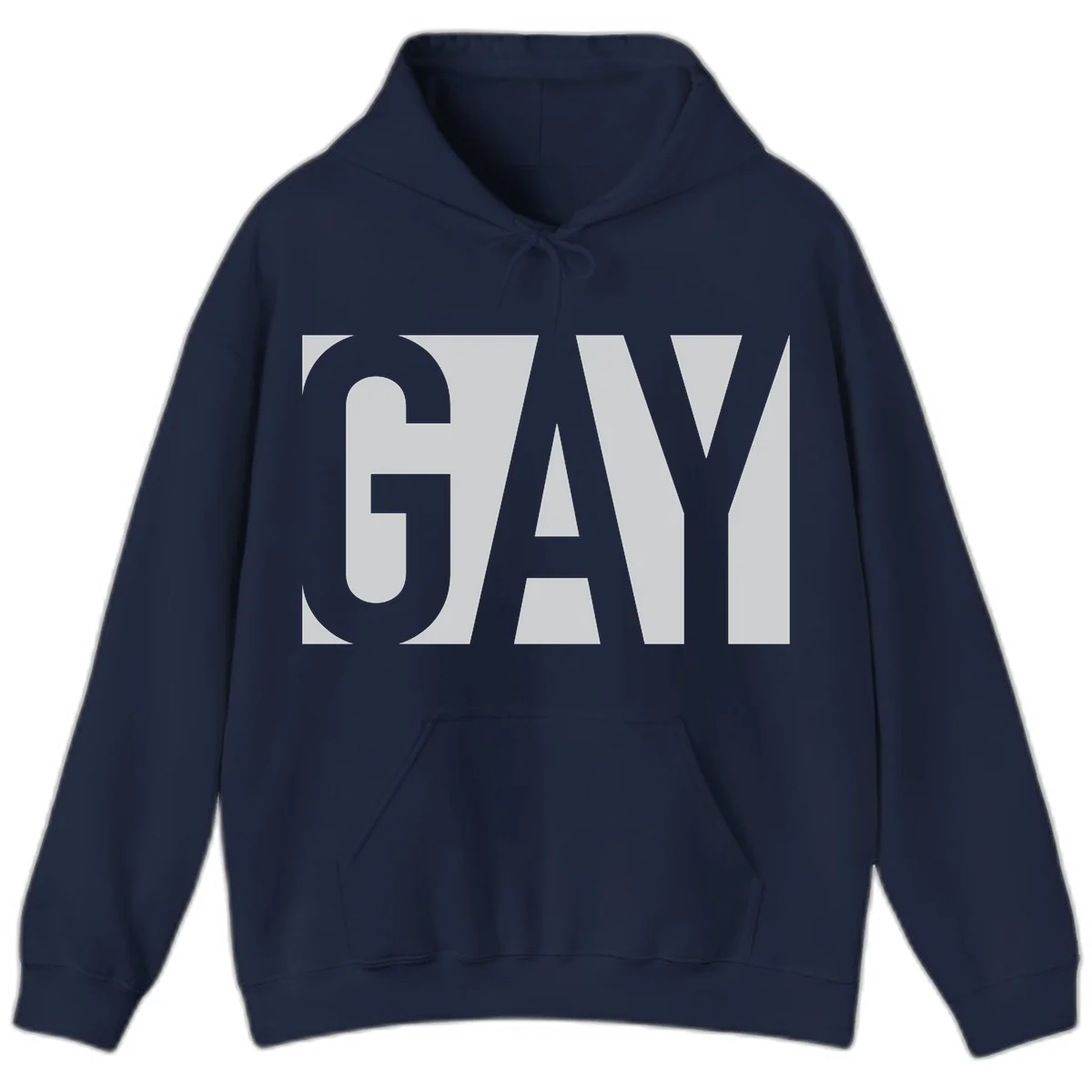 Bold gray and white typography design with the word 'GAY' in large, thick sans-serif letters on a light background in Navy