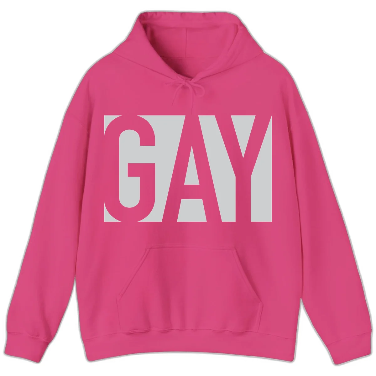 Bold gray and white typography design with the word 'GAY' in large, thick sans-serif letters on a light background in Heliconia