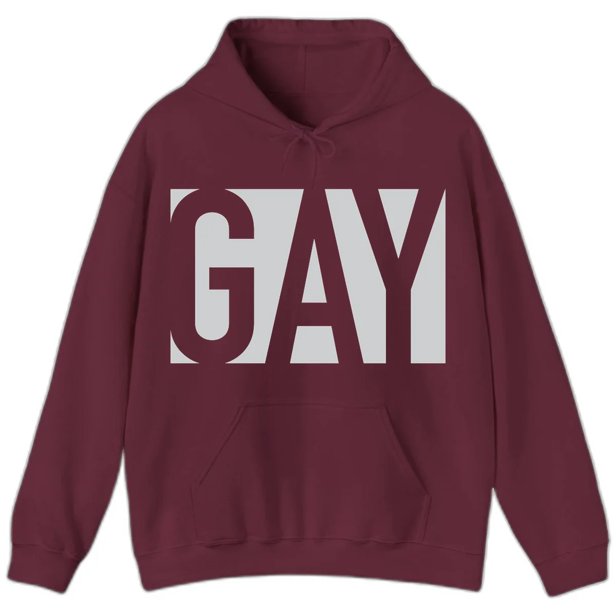 Bold gray and white typography design with the word 'GAY' in large, thick sans-serif letters on a light background in Maroon