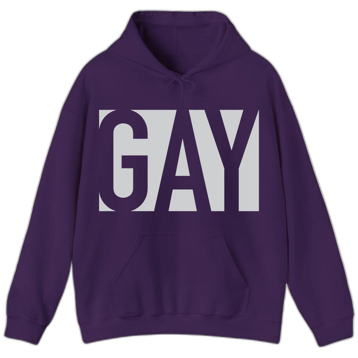 Bold gray and white typography design with the word 'GAY' in large, thick sans-serif letters on a light background in Purple