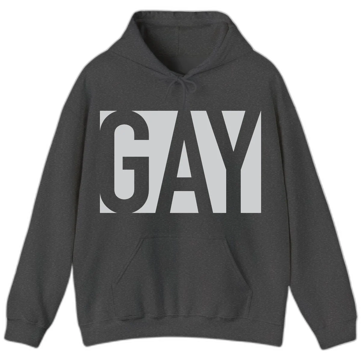 Bold gray and white typography design with the word 'GAY' in large, thick sans-serif letters on a light background in Dark Heather