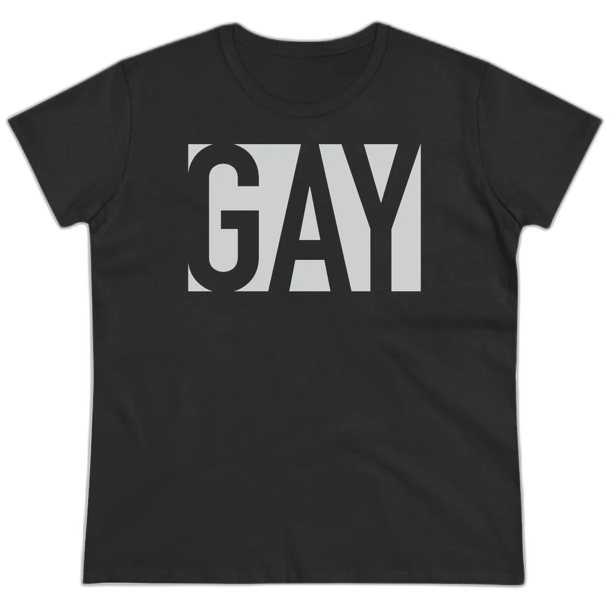 Bold gray and white typography design with the word 'GAY' in large, thick sans-serif letters on a light background in Black