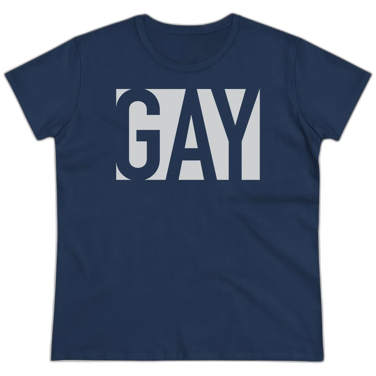 Bold gray and white typography design with the word 'GAY' in large, thick sans-serif letters on a light background in Navy