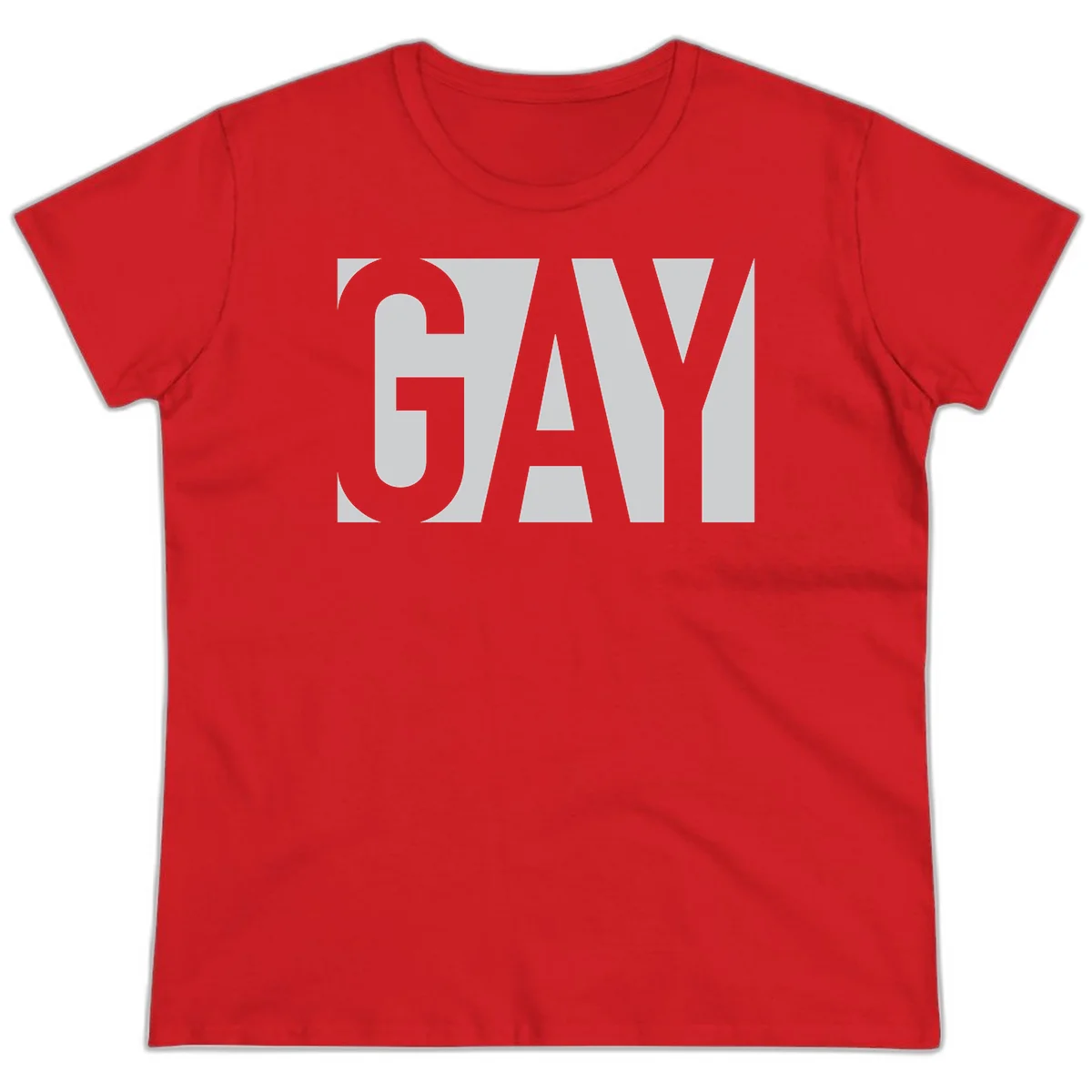 Bold gray and white typography design with the word 'GAY' in large, thick sans-serif letters on a light background in Red