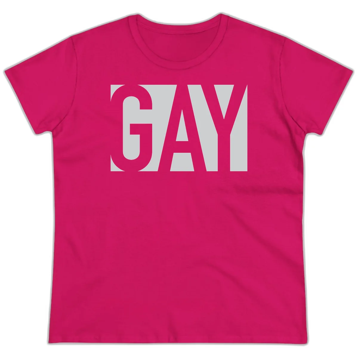 Bold gray and white typography design with the word 'GAY' in large, thick sans-serif letters on a light background in Heliconia